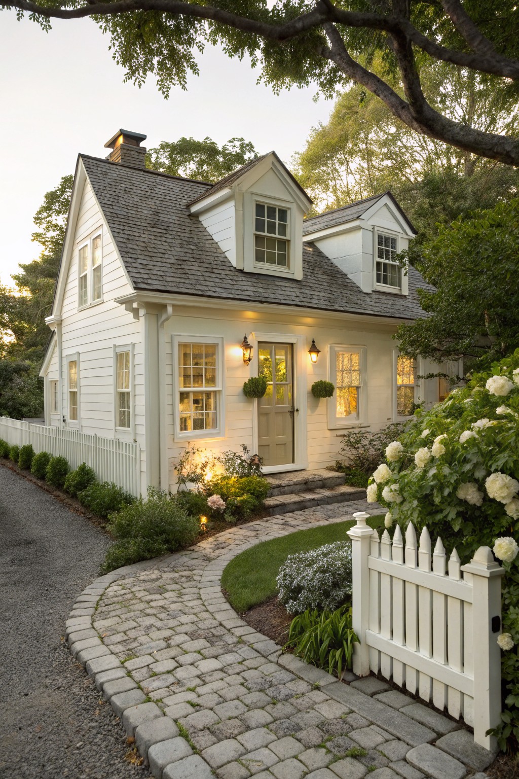 A two-story white farmhouse with a dark gray roof, stone path, and white picket fence lined with shrubs and flowers.