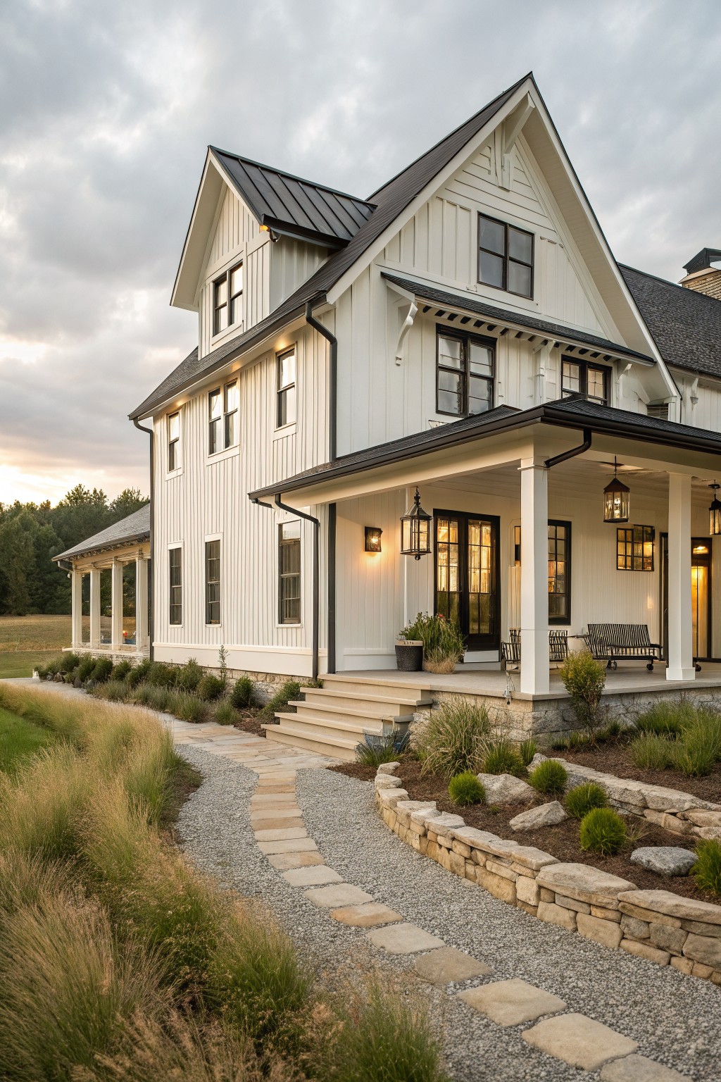 A two-story white farmhouse with black trim, a covered front porch, stone steps, and a gravel path with stone pavers leading to the entrance.