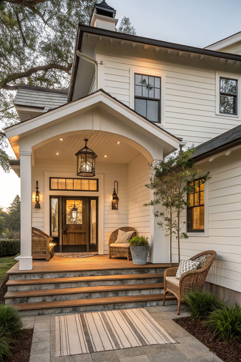 Front view of a white farmhouse exterior with an arched porch, wooden door, and stone steps.