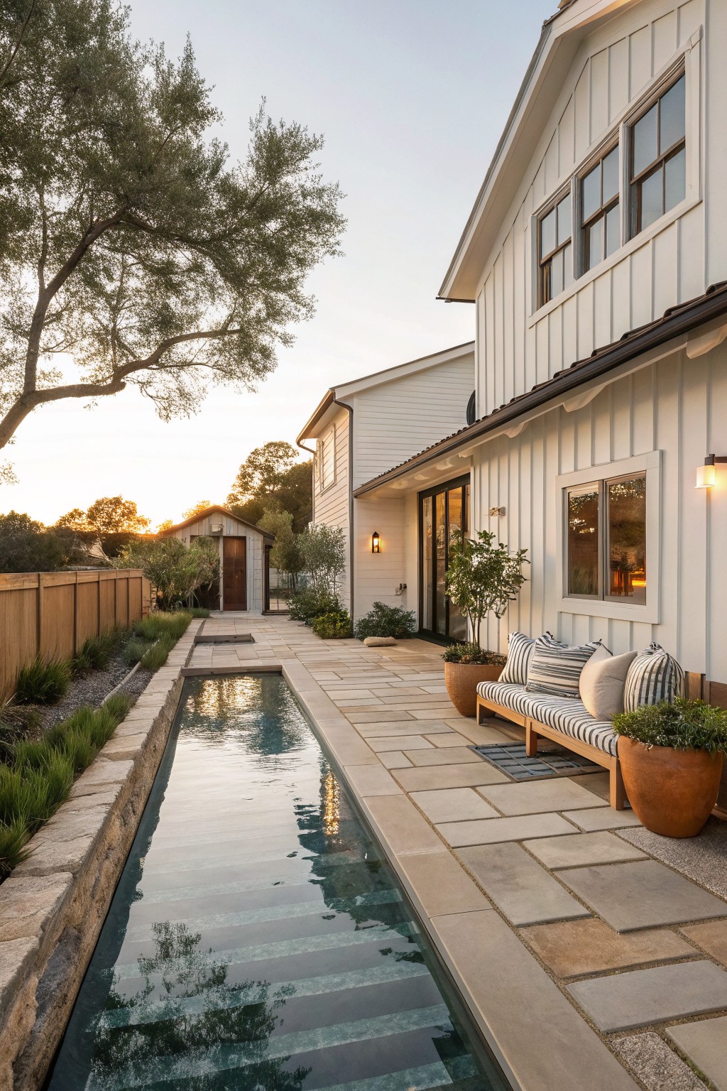 A creamy white farmhouse with vertical siding beside a long narrow pool running along a stone patio.