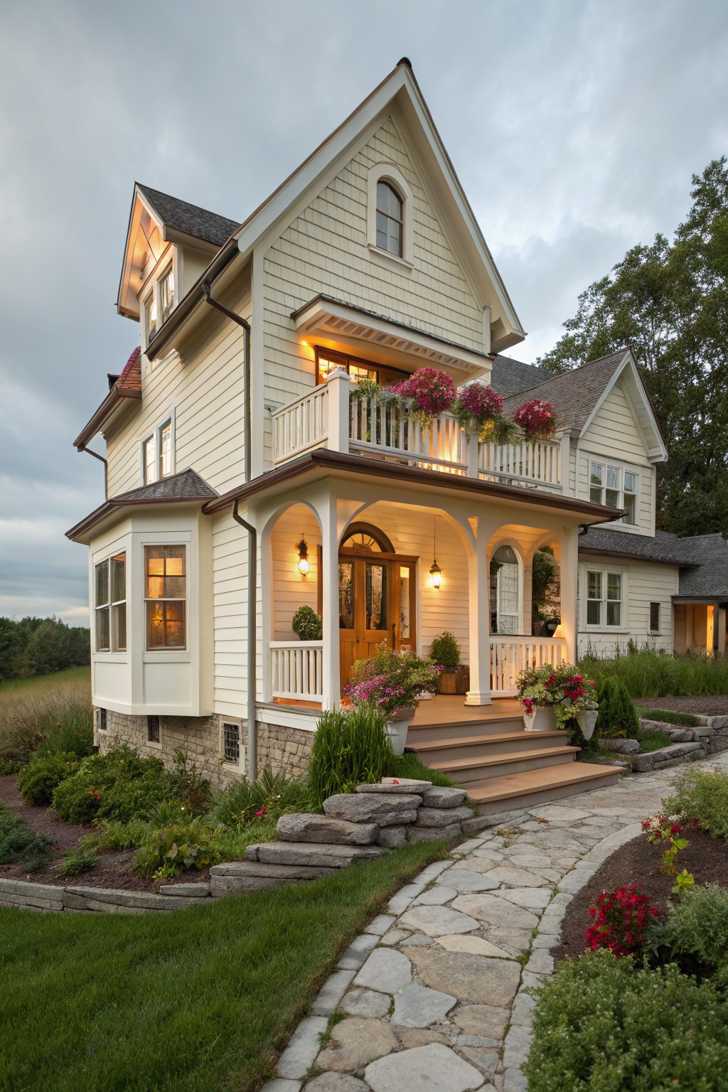 A two-story farmhouse with creamy white siding, stone foundation, gabled rooflines, and a covered front porch with steps.