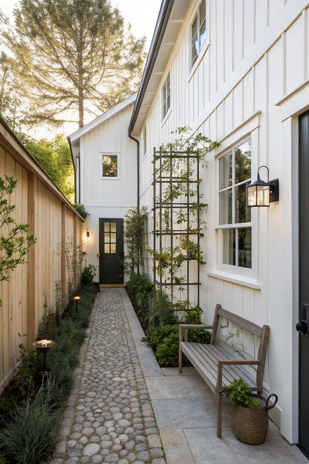 A white vertical-sided farmhouse exterior with a cobblestone path, dark door, wooden bench, and climbing plants on a trellis.