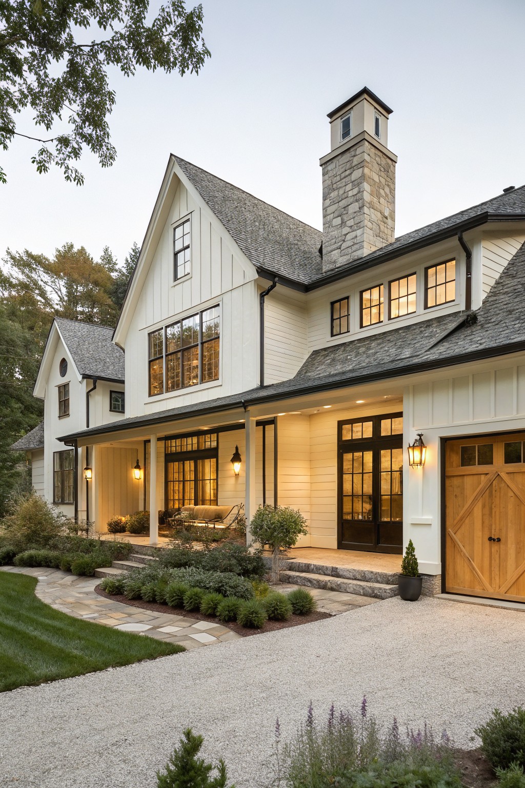 A two-story farmhouse exterior with creamy white siding, black-framed windows and doors, a stone chimney, and a wooden garage door on the right side.
