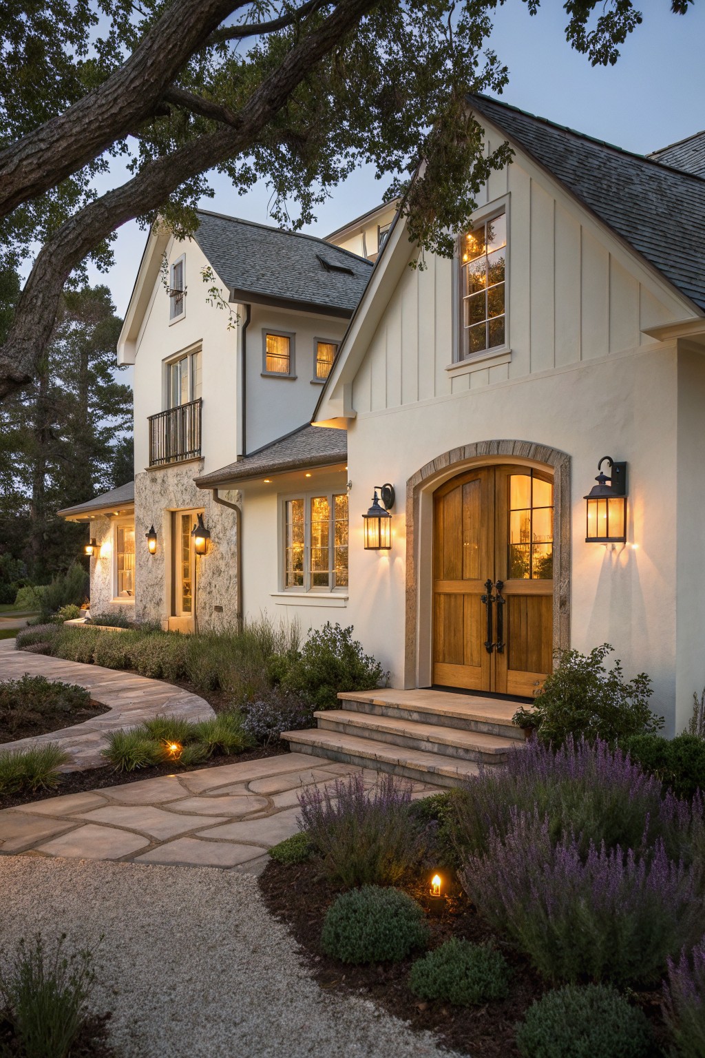 A two-story creamy white farmhouse with stone accents, a wooden double door entry under a stone arch, and warm lighting on the front steps.