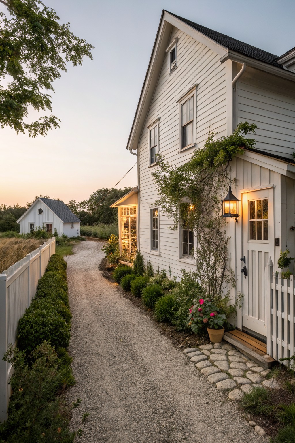 A two-story white farmhouse exterior with a gravel path, stone walkway, and garden beds along the side at dusk.