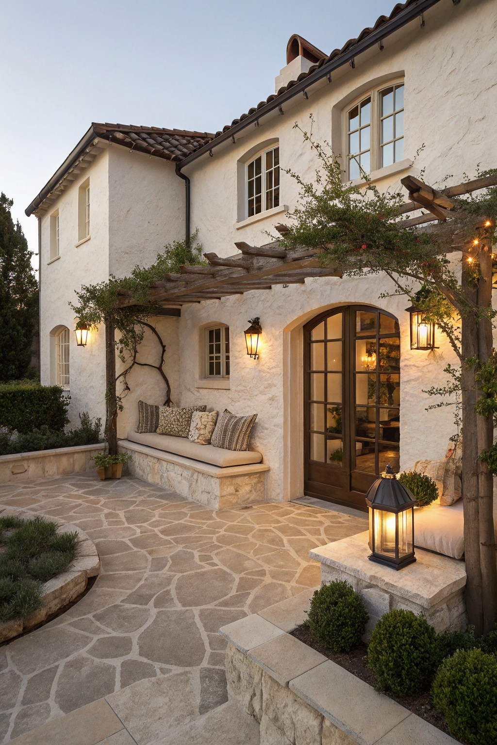 A creamy white stucco farmhouse exterior with stone base, wooden pergola, arched entry door, and built-in bench seating on a stone patio.