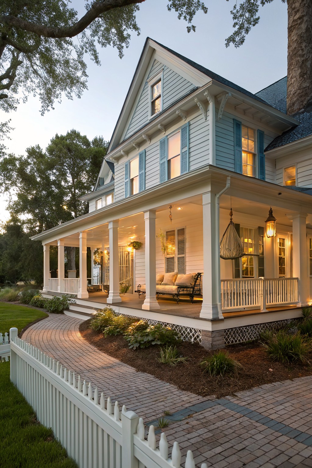 A two-story house with light blue siding, blue shutters, white trim, and a large white porch with columns, set on a brick path with a white picket fence.