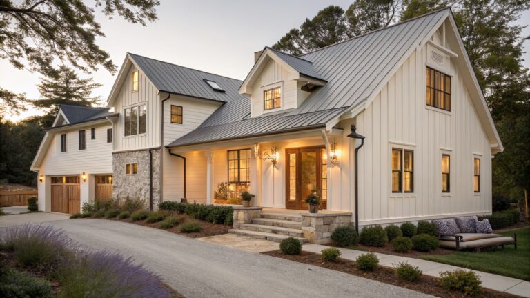 20 Creamy White Farmhouse Exterior Ideas for a Softer Warm Finish White modern farmhouse with metal roof, lit windows, and stone porch steps at dusk