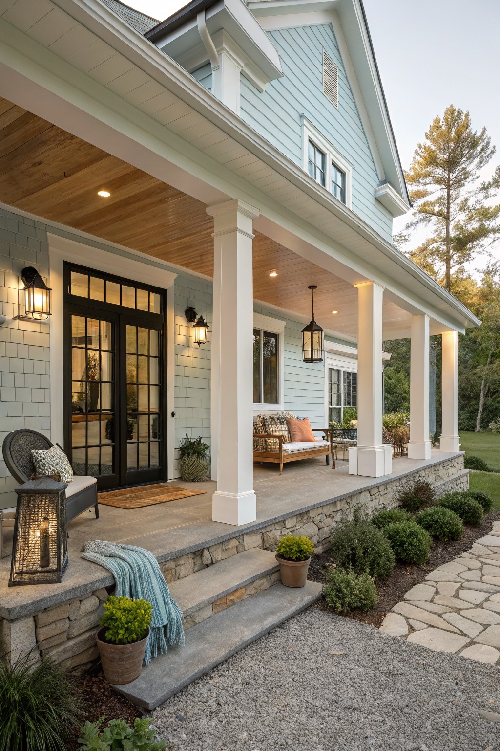 A light blue modern farmhouse exterior with a wide covered porch supported by white columns, black double entry doors, and a wooden ceiling.