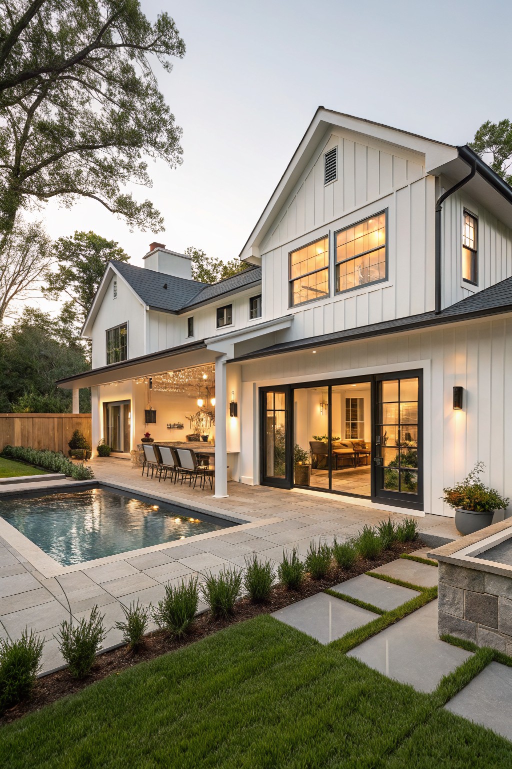 A modern white farmhouse with black-framed windows and doors, a covered patio, and a rectangular swimming pool in the backyard.