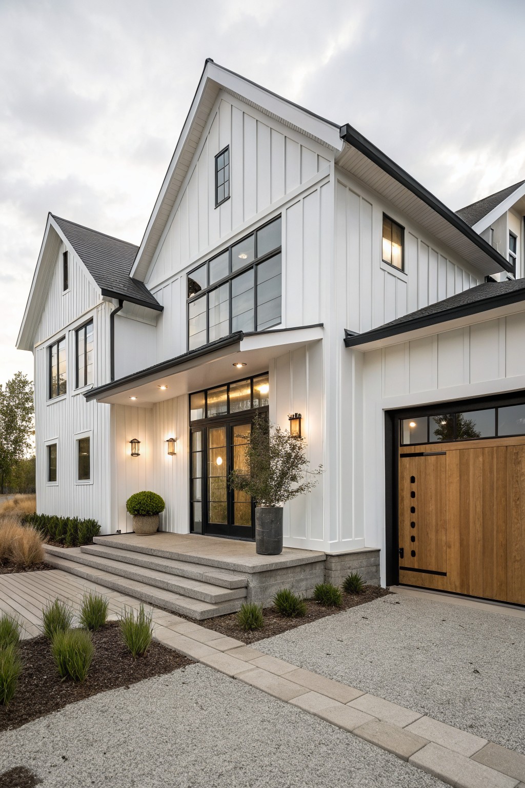Modern white house with black trim, large windows, wooden garage door, and stone steps