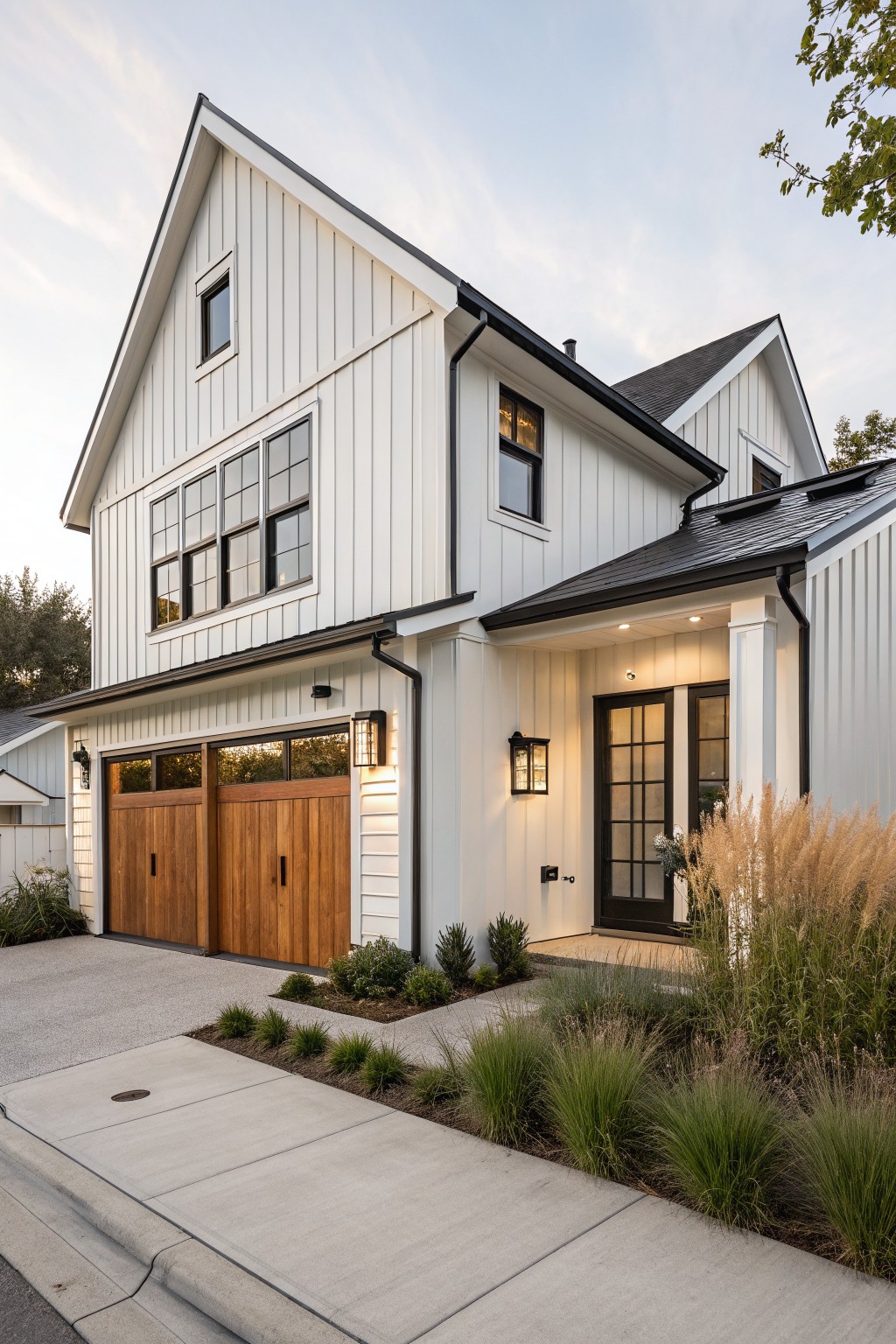 A modern white farmhouse with vertical siding, black roof and trim, wooden garage doors, and a covered entry with black-framed glass doors.