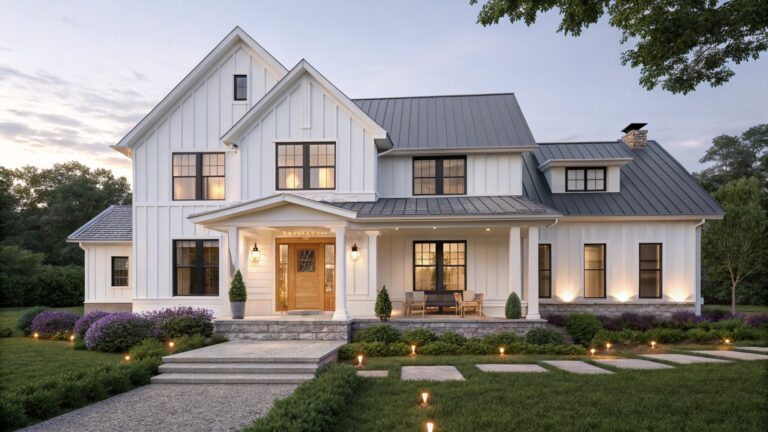 A white modern farmhouse with a large stone arch framing a wooden front door, steps leading up, and landscaping along the front.