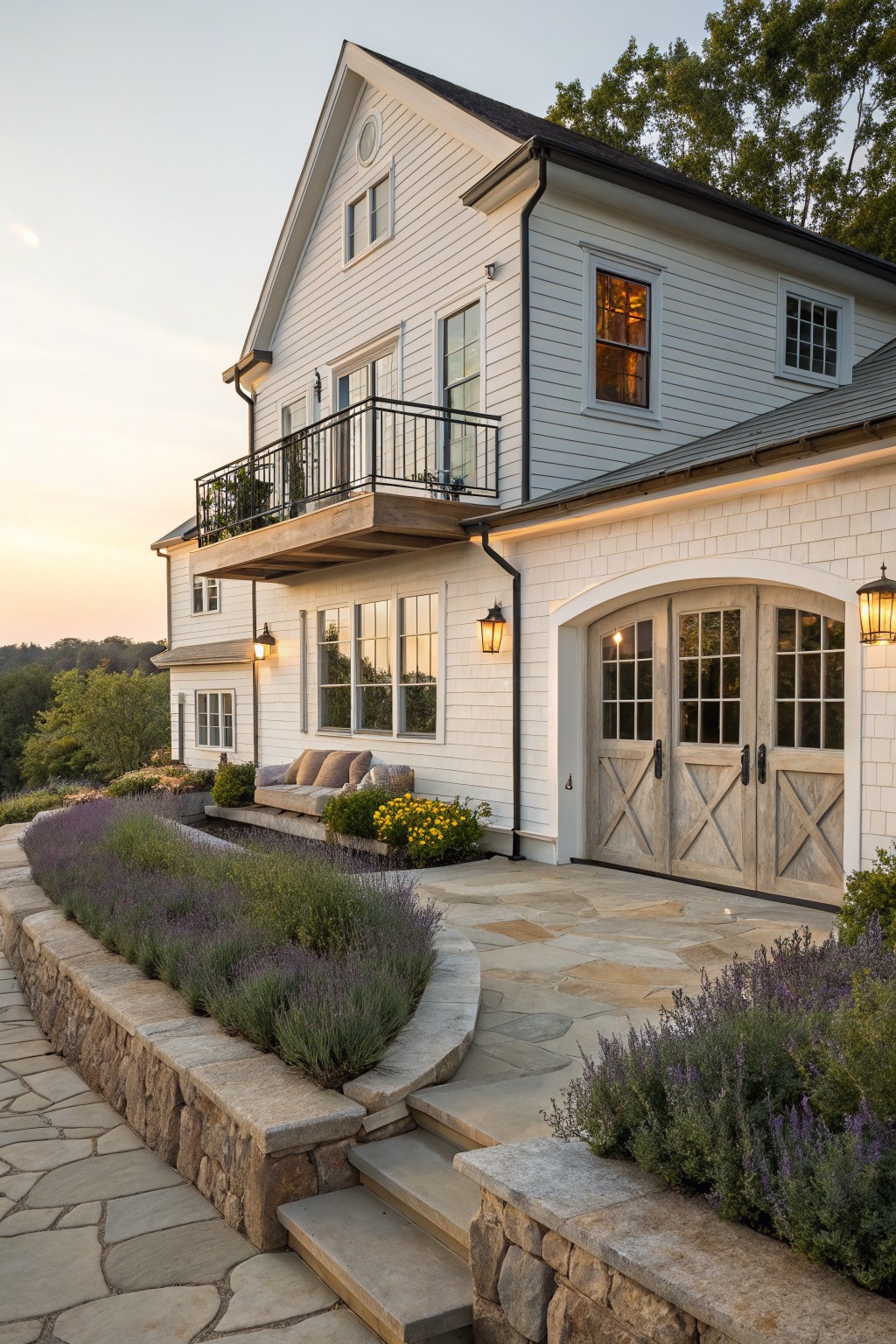 A white two-story farmhouse with stone foundation, wooden balcony, arched garage doors, and stone retaining walls with landscaping.