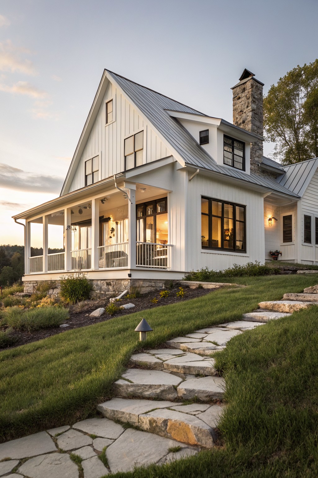 White farmhouse with gabled metal roof, stone chimney, and porch on hillside.