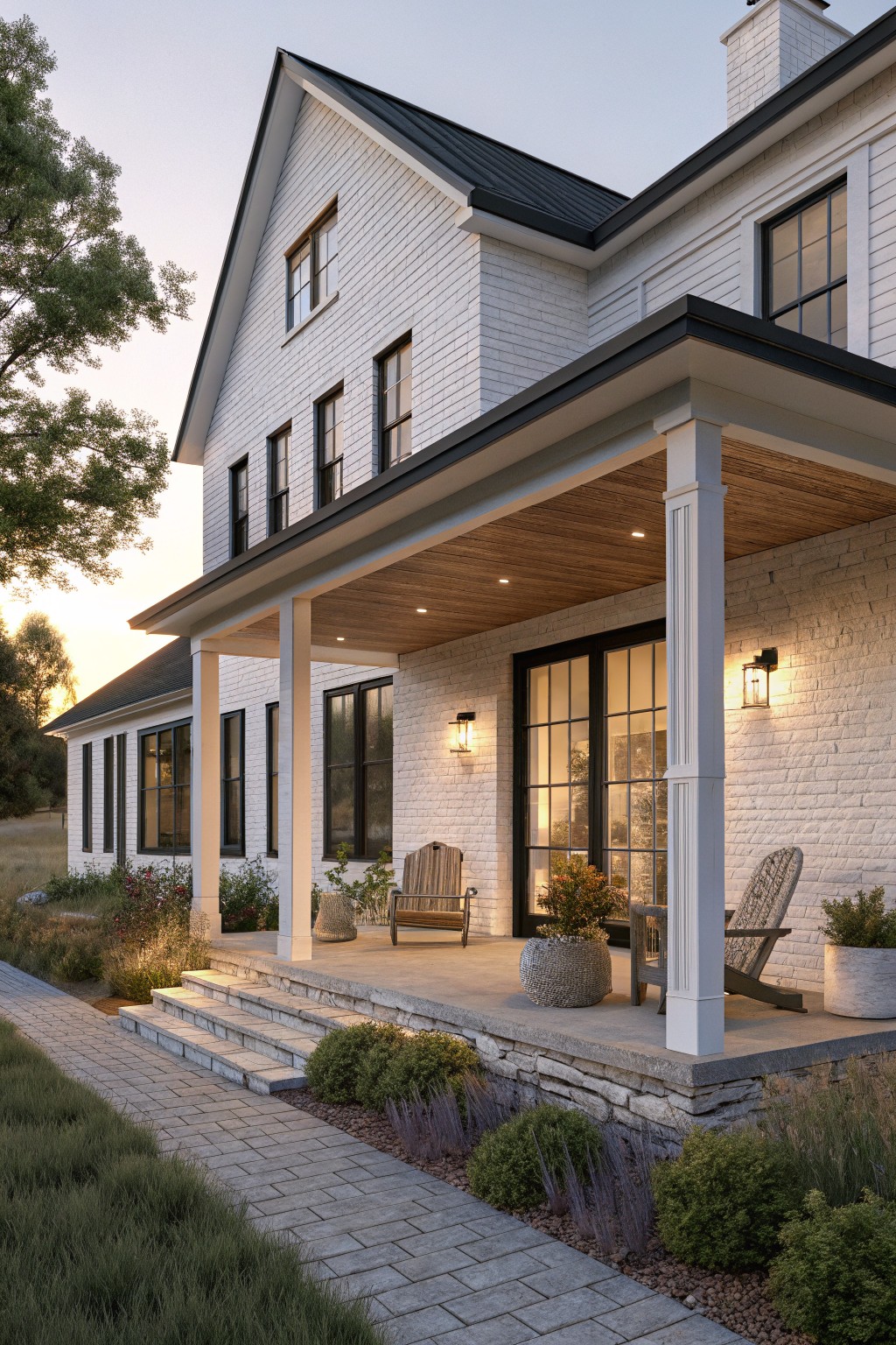 A two-story white farmhouse exterior with white brick and siding, black-framed windows, a covered porch with white columns and wood ceiling, and stone steps leading to the entrance.