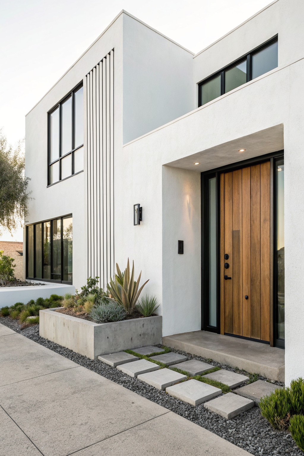 A modern white house exterior featuring vertical black slats on one wall section, black-framed windows, a wooden entry door, and a concrete planter with gravel path.