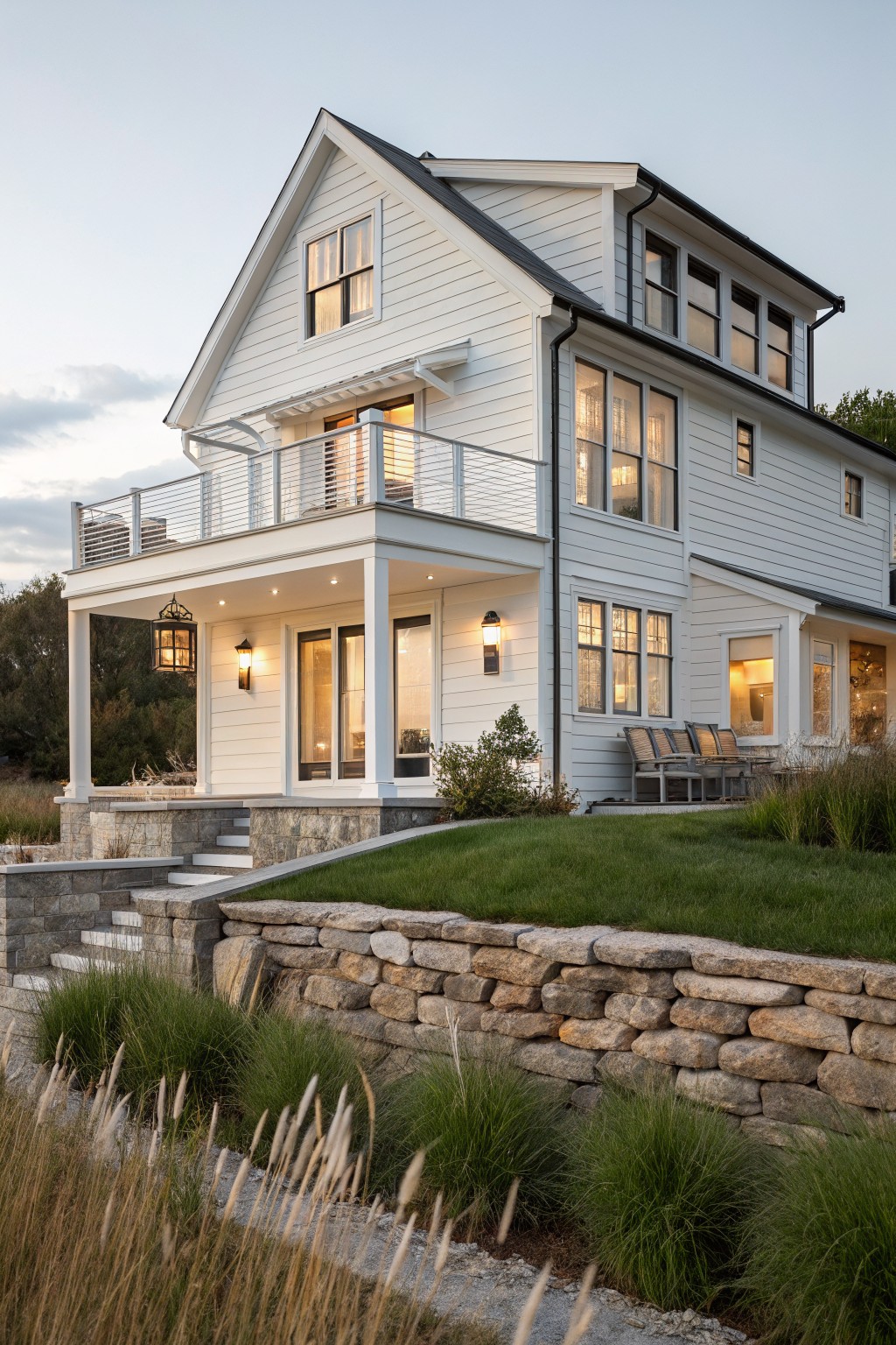 A two-story modern white farmhouse with dark roofing, multiple windows, a covered porch, balcony railing, and a stone retaining wall along the front lawn.