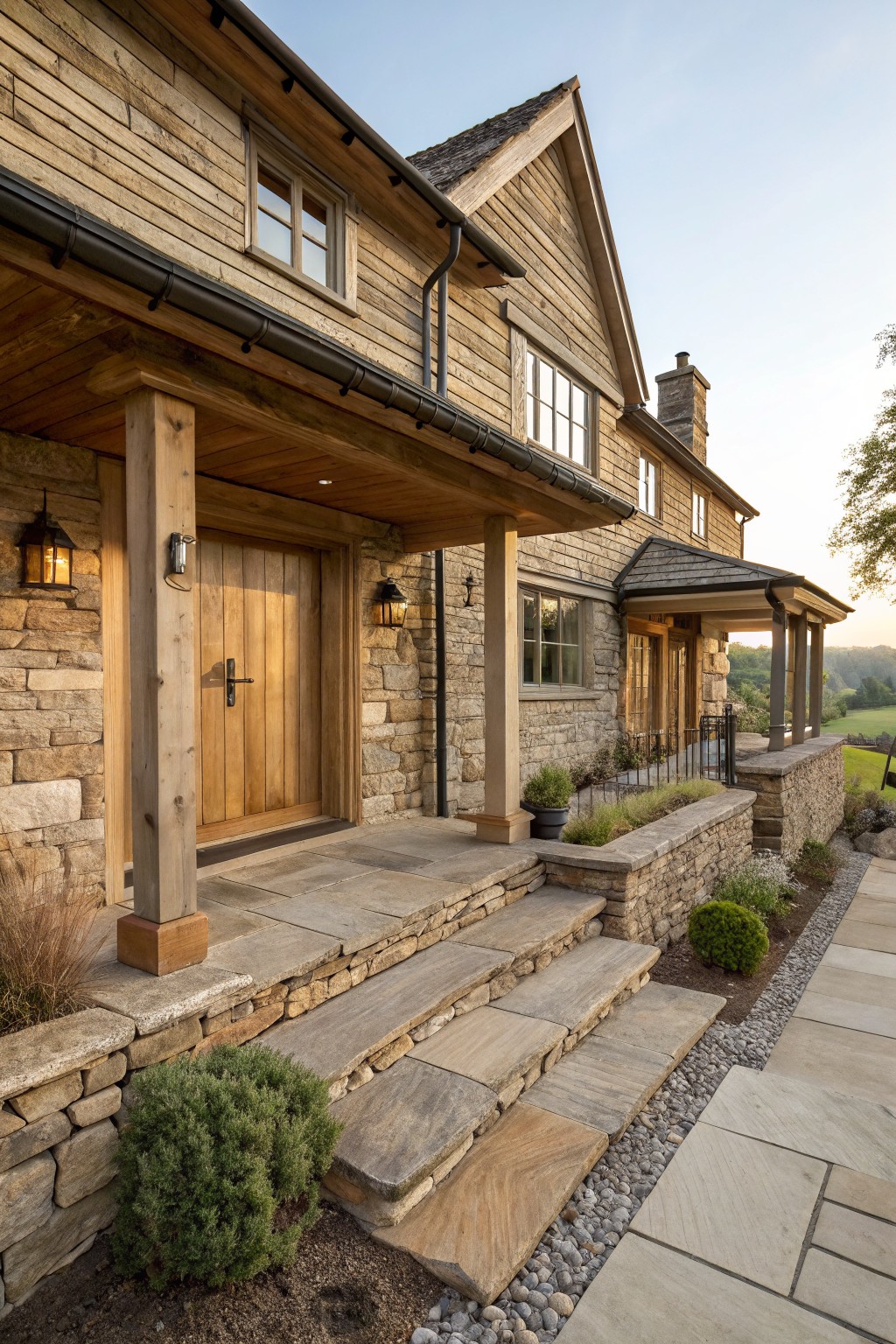 Rustic wooden house with stone walls, covered porch, and wide stone steps.