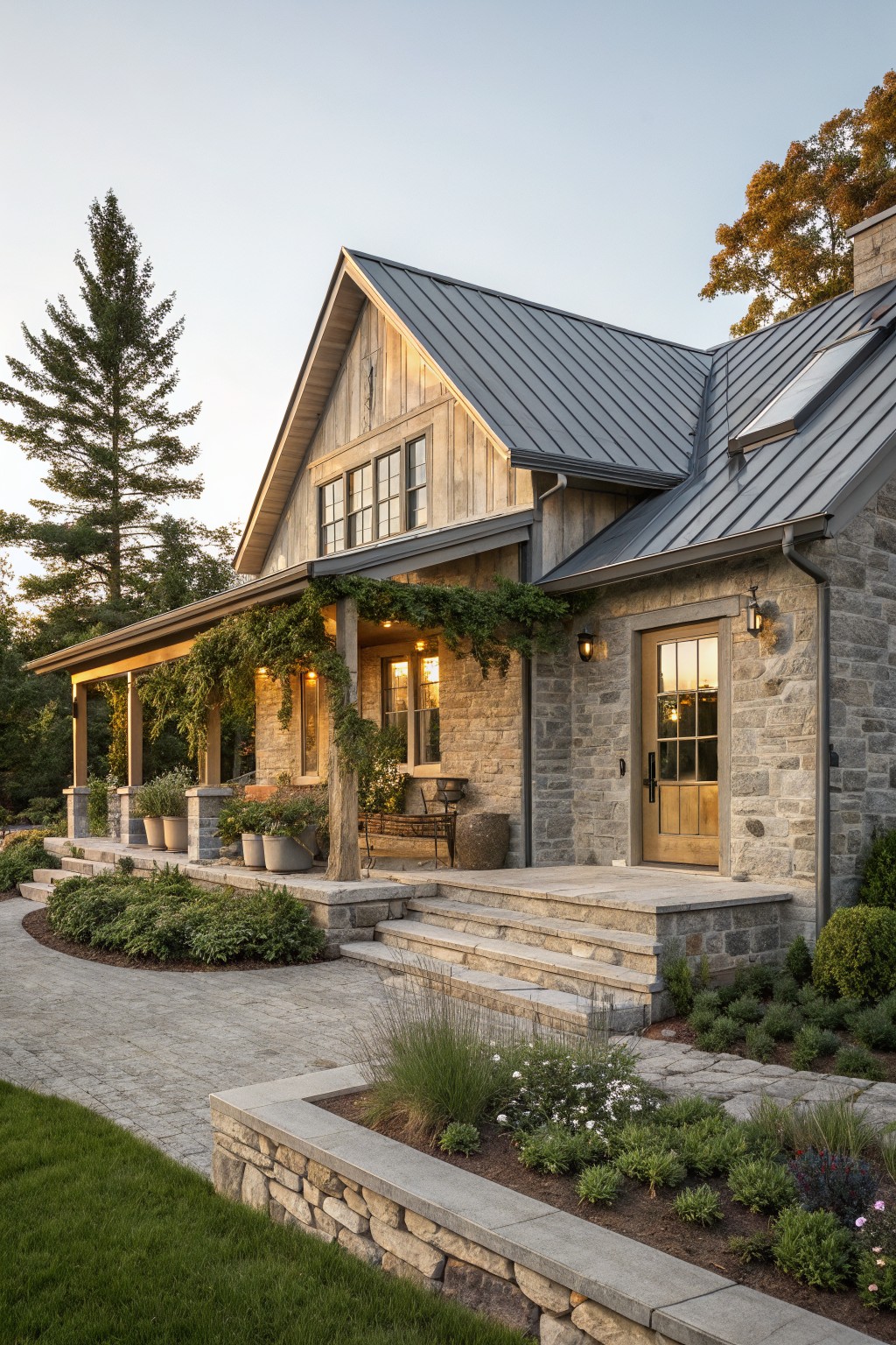Rustic stone house with metal roof, vine-covered porch, and garden steps