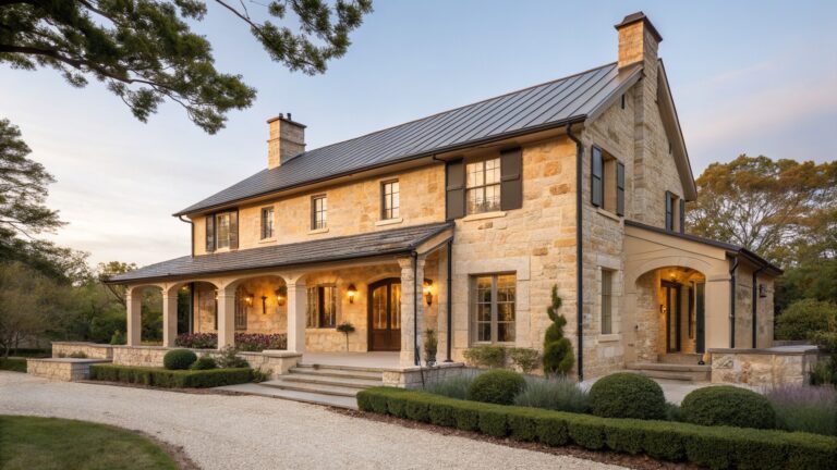 A two-story stone farmhouse with an arched wooden front door, multiple multi-pane windows, a dark slate roof, and lavender plantings along the gravel driveway.