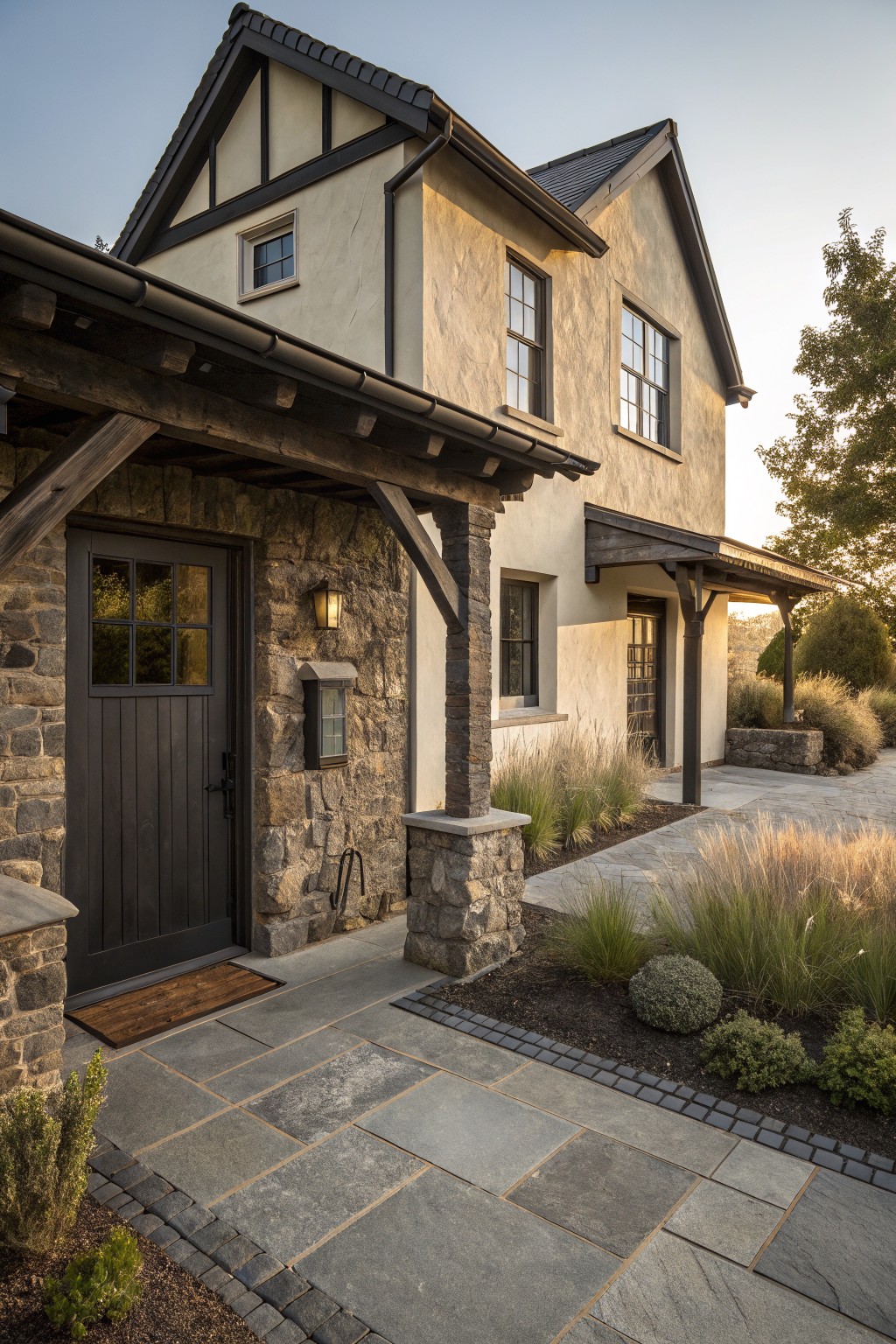 A two-story farmhouse with stone around the front door and a central pillar, stucco walls, dark trim, and a stone walkway.
