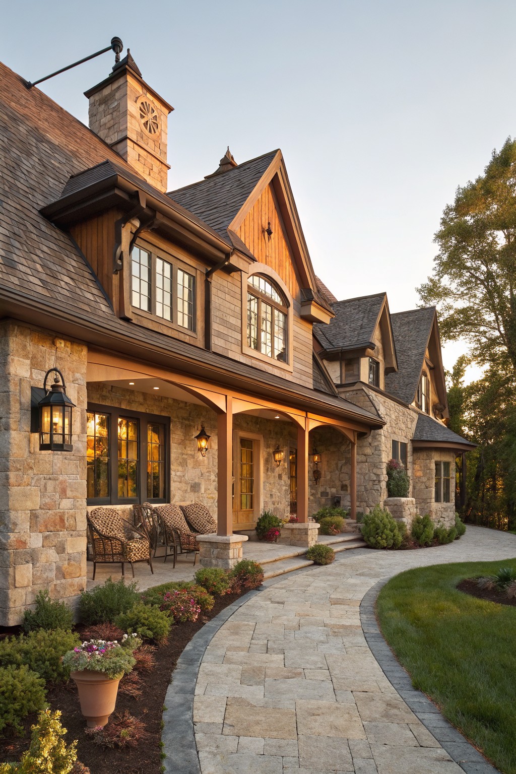 Luxurious stone-and-wood mansion with arched windows, lantern porch, and winding stone path.