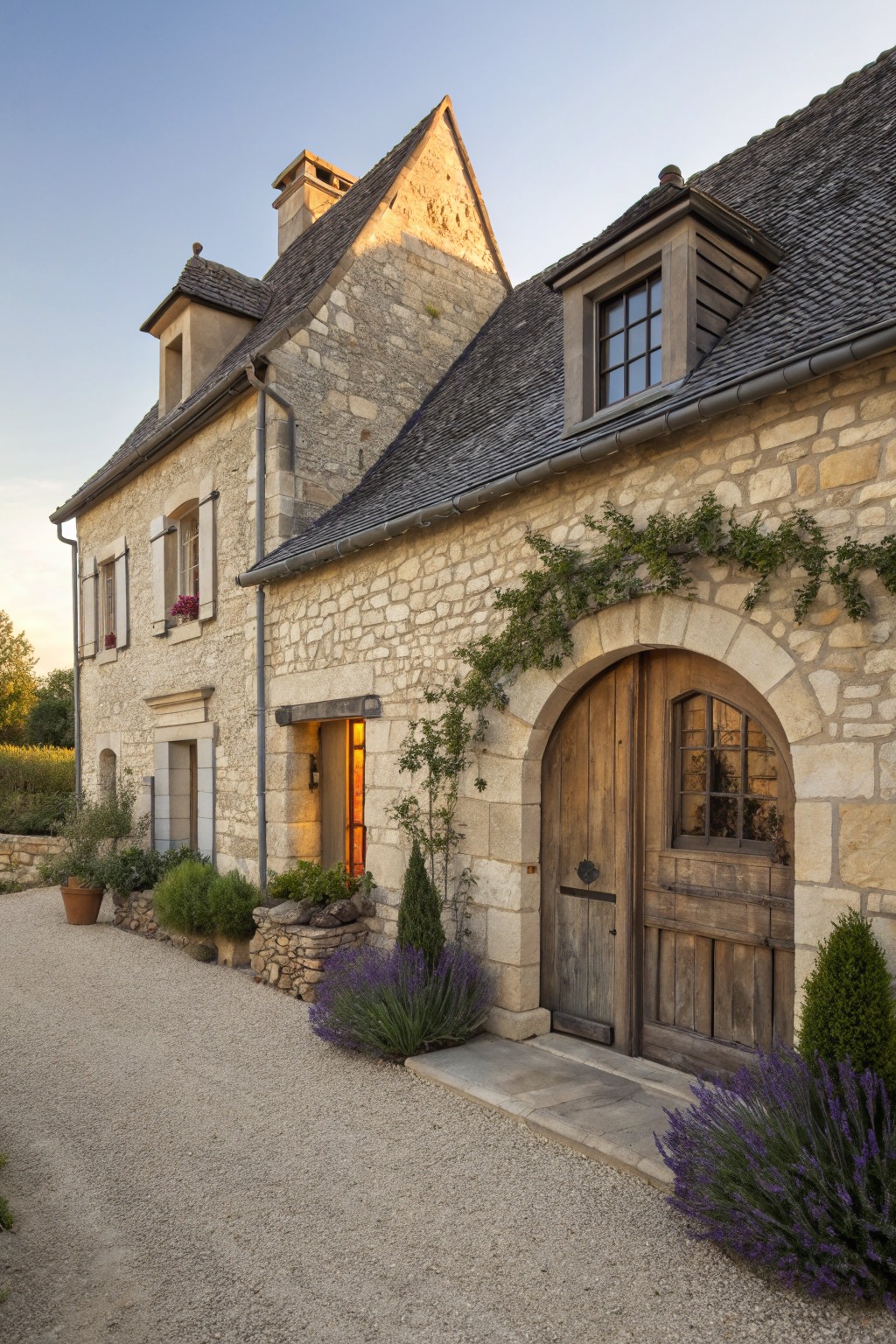 A stone farmhouse exterior featuring a large arched wooden door, smaller wood windows, and a gravel path in front.