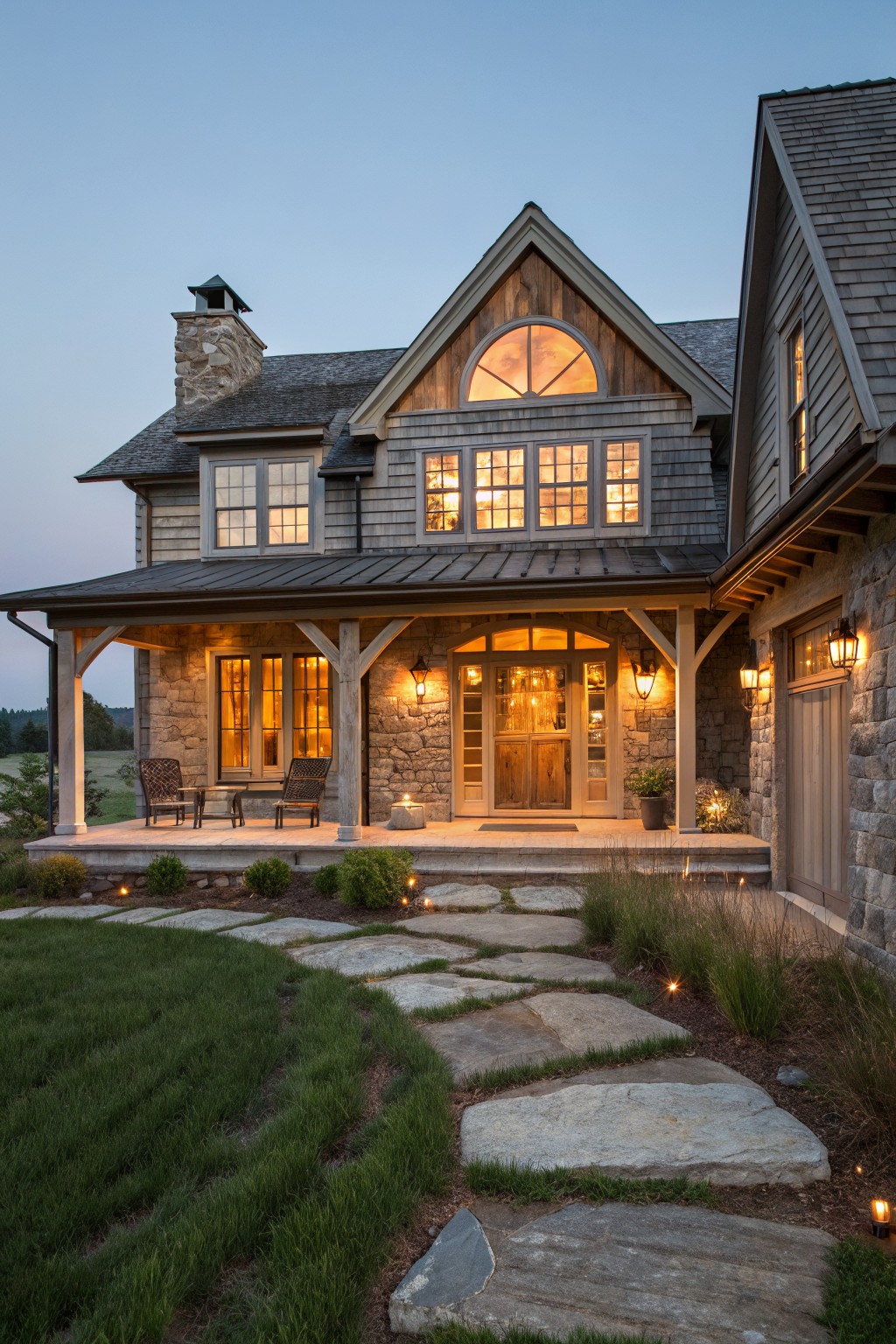 A two-story stone and wood farmhouse exterior at dusk with a covered porch, lit windows, and a stone pathway in the foreground.
