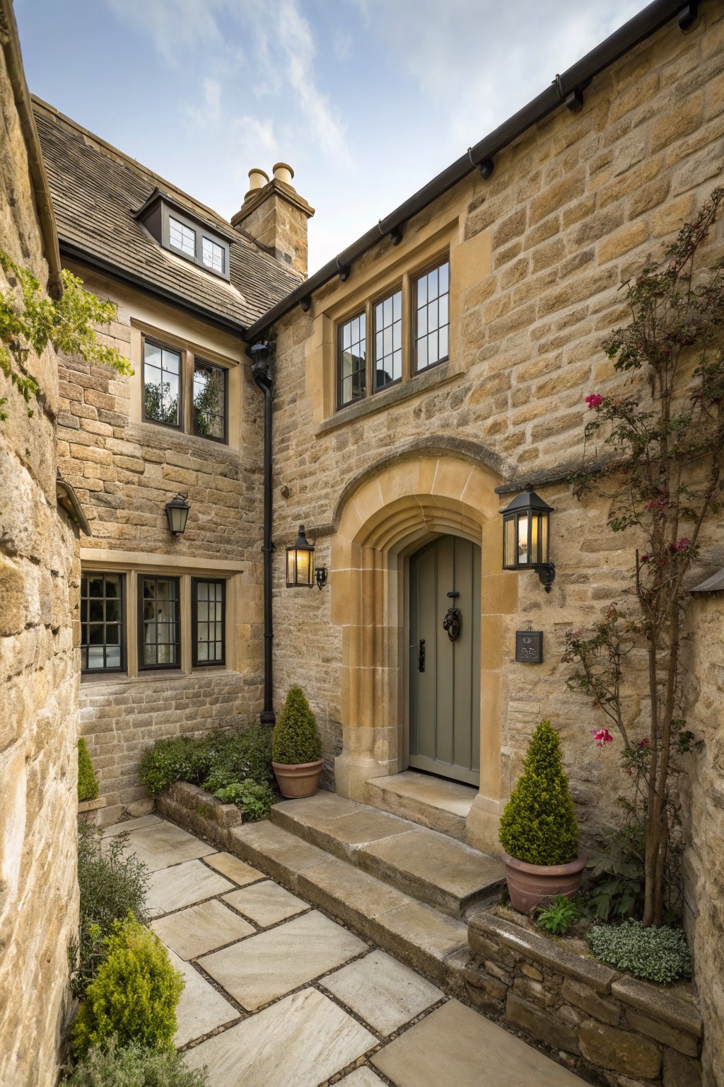 A stone farmhouse exterior featuring an arched stone entryway with a green door, wall lanterns, and potted shrubs along a stone pathway.