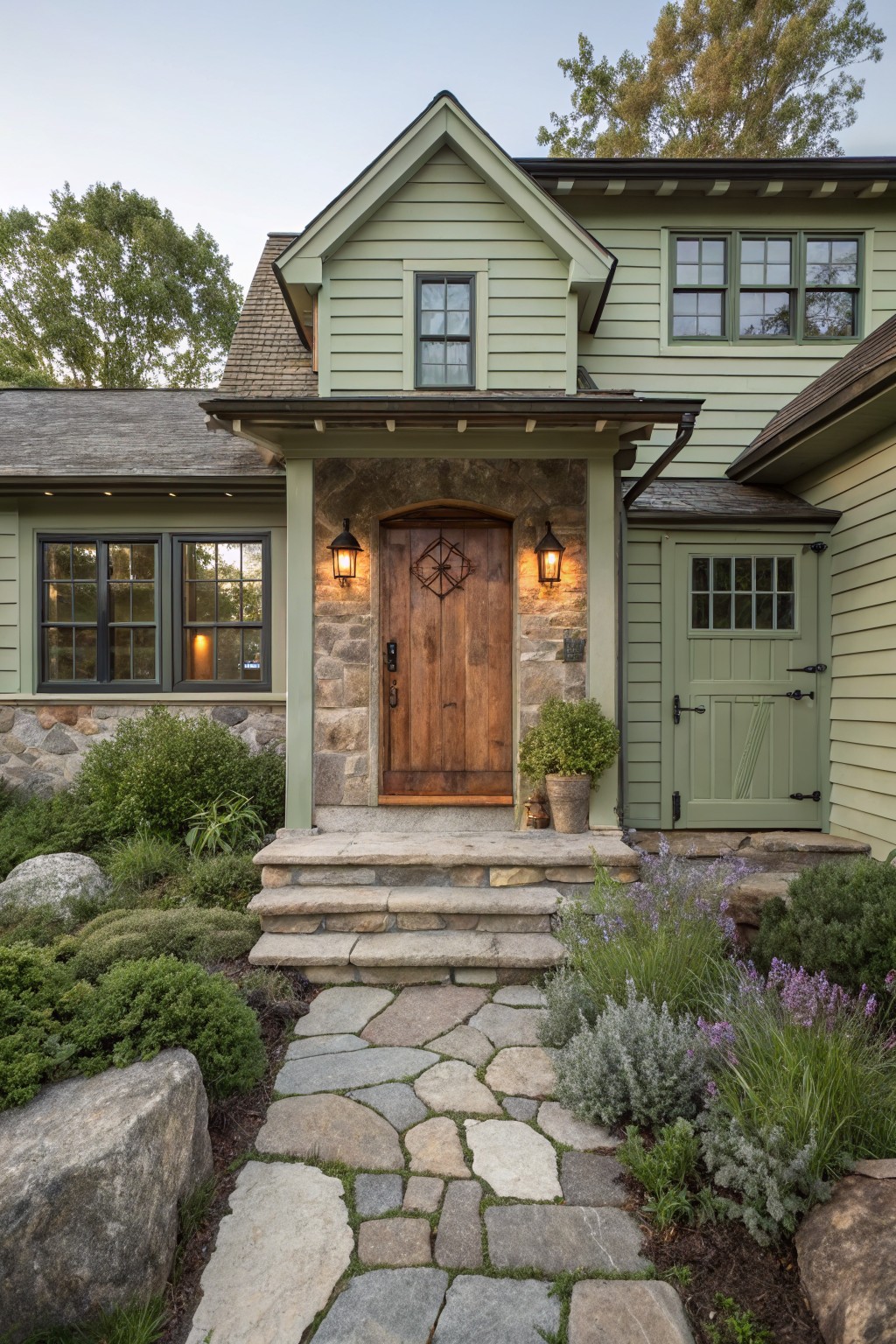 A light green farmhouse exterior with a wooden front door set into a stone wall, flanked by two lanterns, stone steps, and a stone pathway in front.