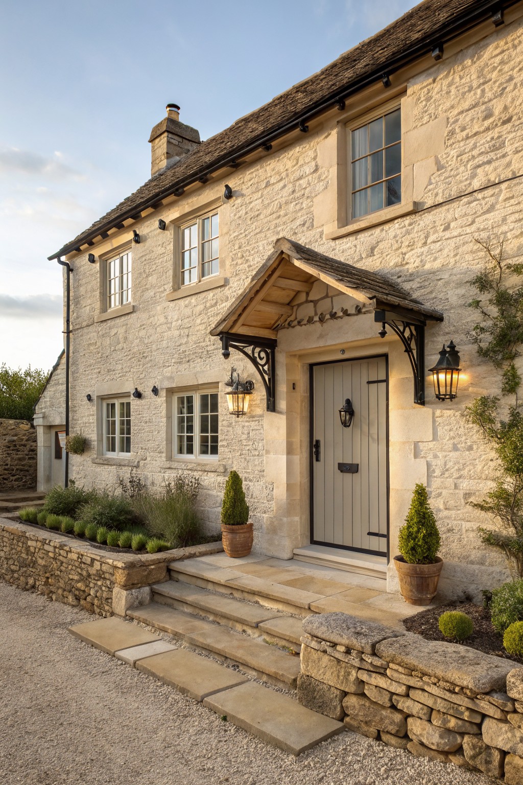 A stone farmhouse exterior featuring a light wooden front door beneath a small gabled entry with matching stone surround, flanked by wall lanterns and potted evergreens.