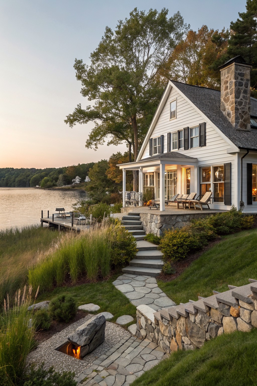 White lakeside house with stone chimney, dock, fire pit, and pathway at dusk