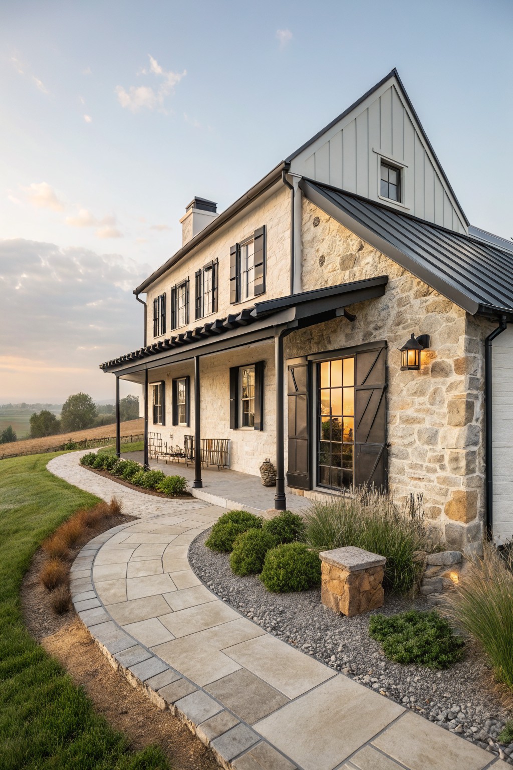 A two-story stone farmhouse with black shutters, a dark metal roof, and a curved stone pathway leading to the front.