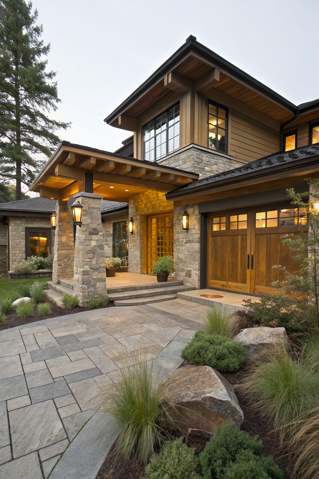 A two-story house exterior featuring stone walls and pillars, wood siding, wooden garage doors, and a covered entry porch with steps leading to a stone-paved driveway.
