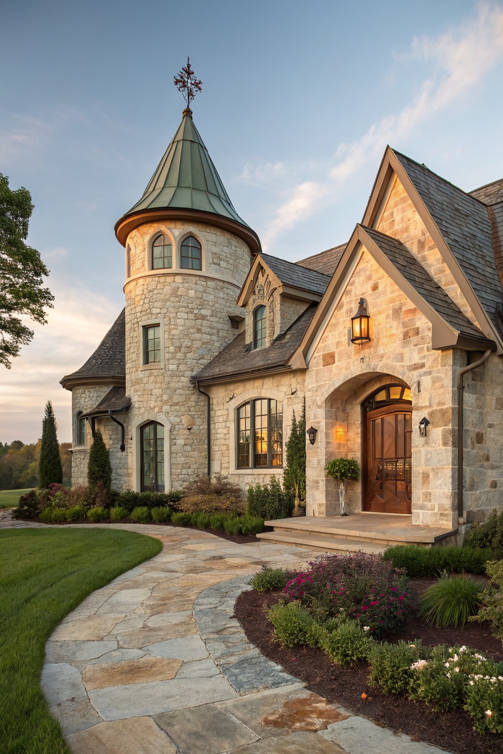 A stone farmhouse exterior with a prominent turret topped by a green metal roof, an arched entry with a wooden door, and a stone pathway leading to the front steps.