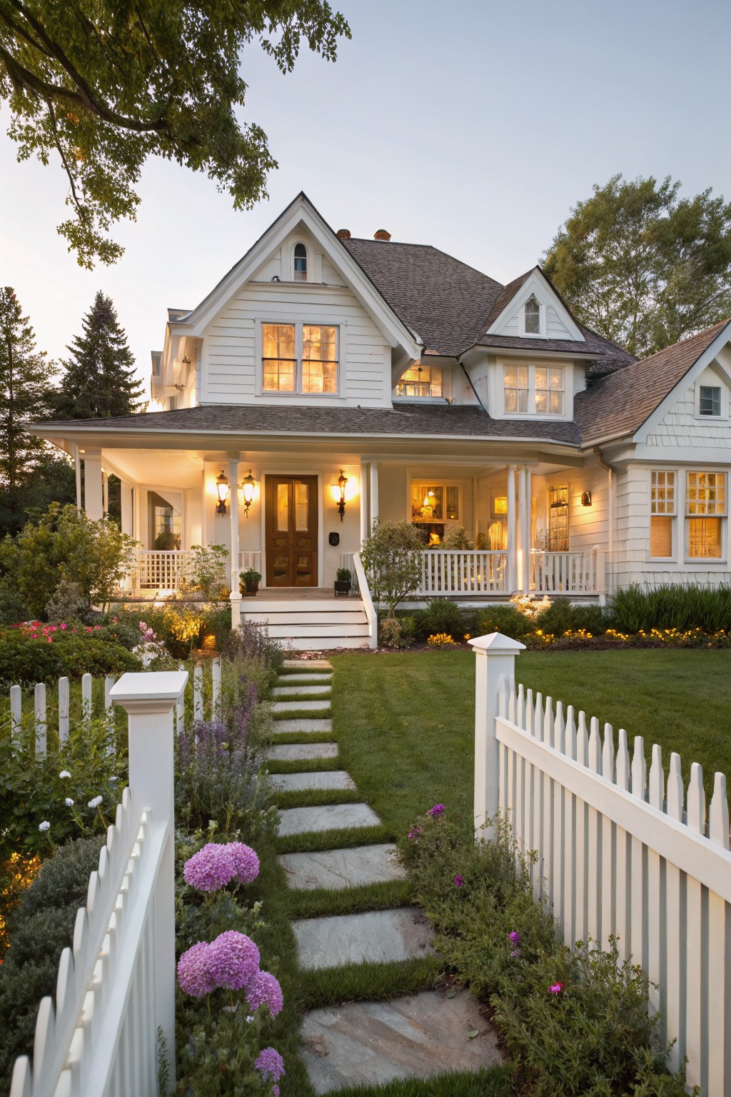 White Victorian house with glowing windows, stone path, and picket fence at dusk
