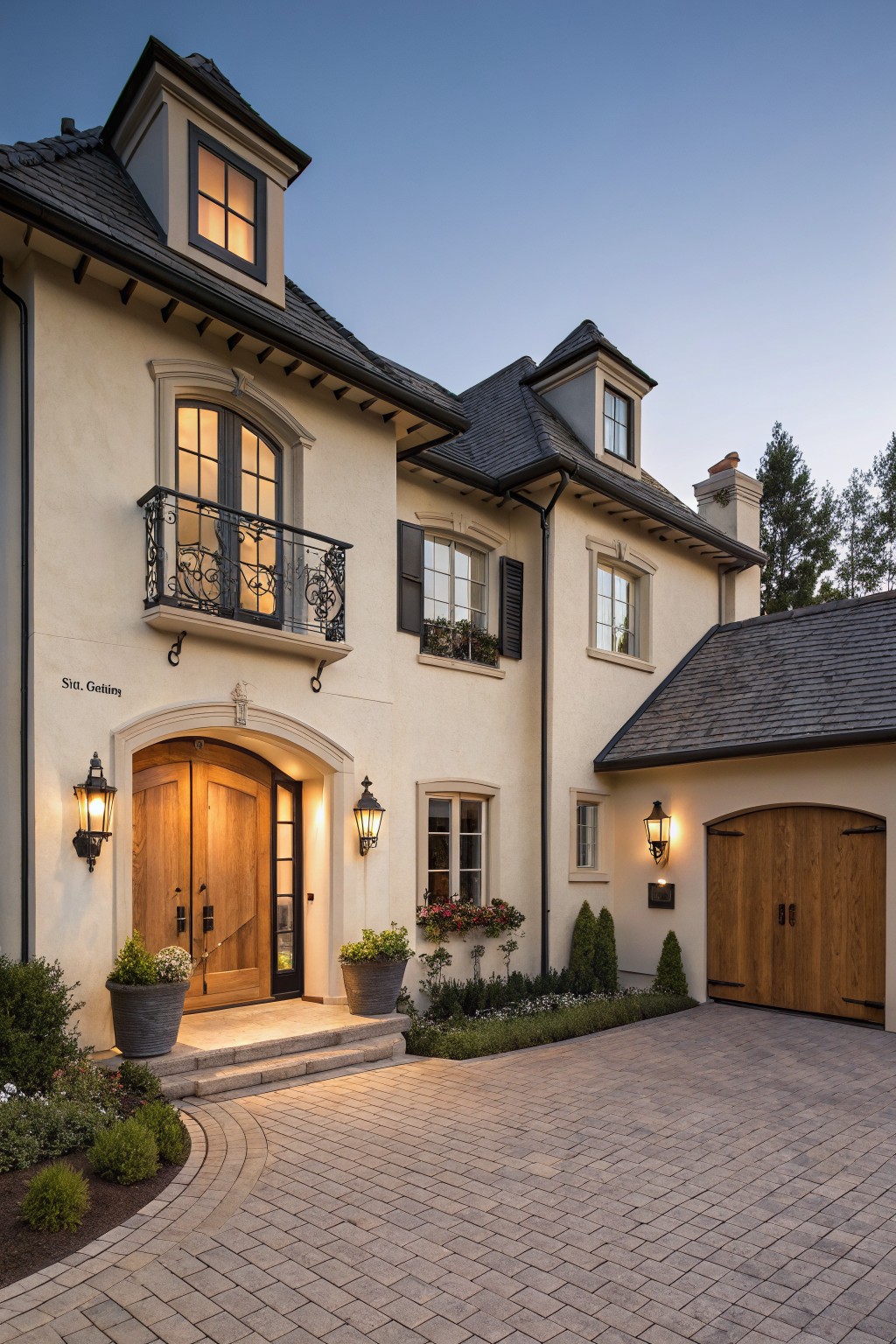 A two-story traditional house with light stucco walls, an arched wooden front door entry, a small balcony with iron railing above it, and a paved driveway leading to a wooden garage door.