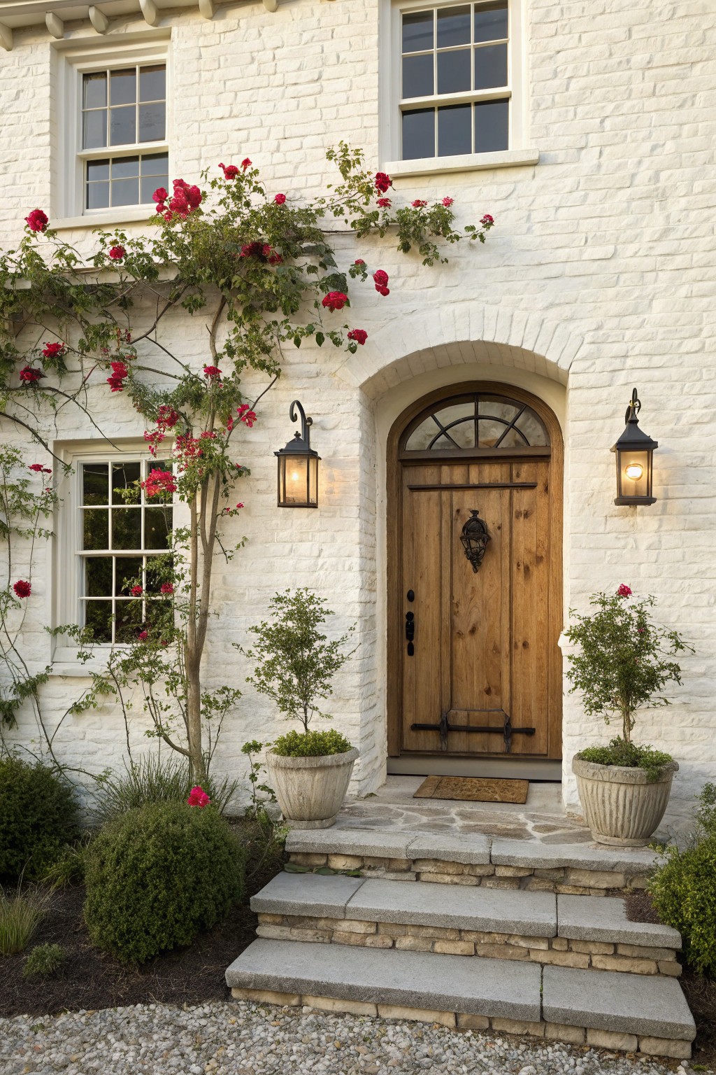 White brick house entrance with wooden door, red roses, lanterns, and stone steps.