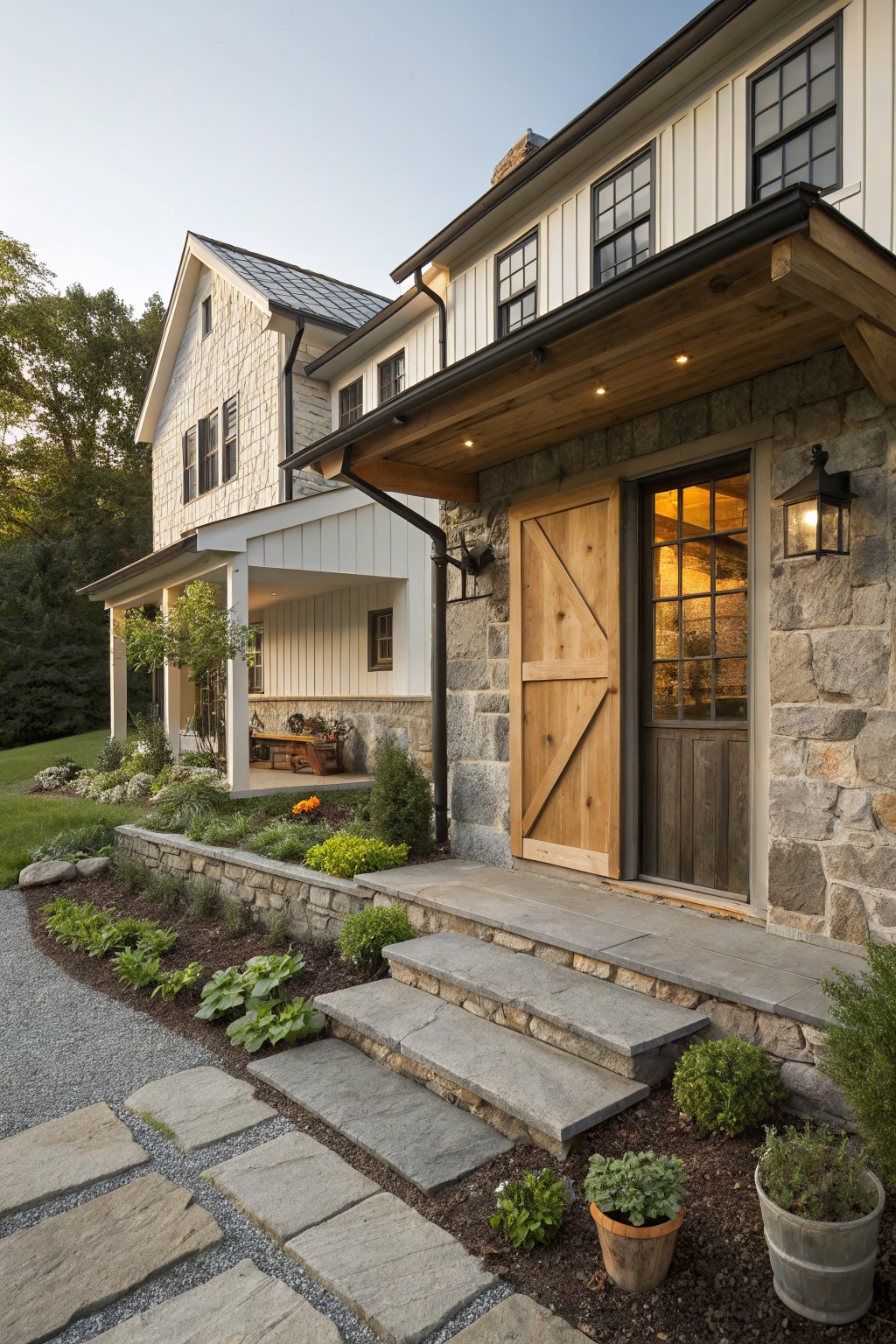 Stone house entrance with wooden door, steps, garden, and gravel path.