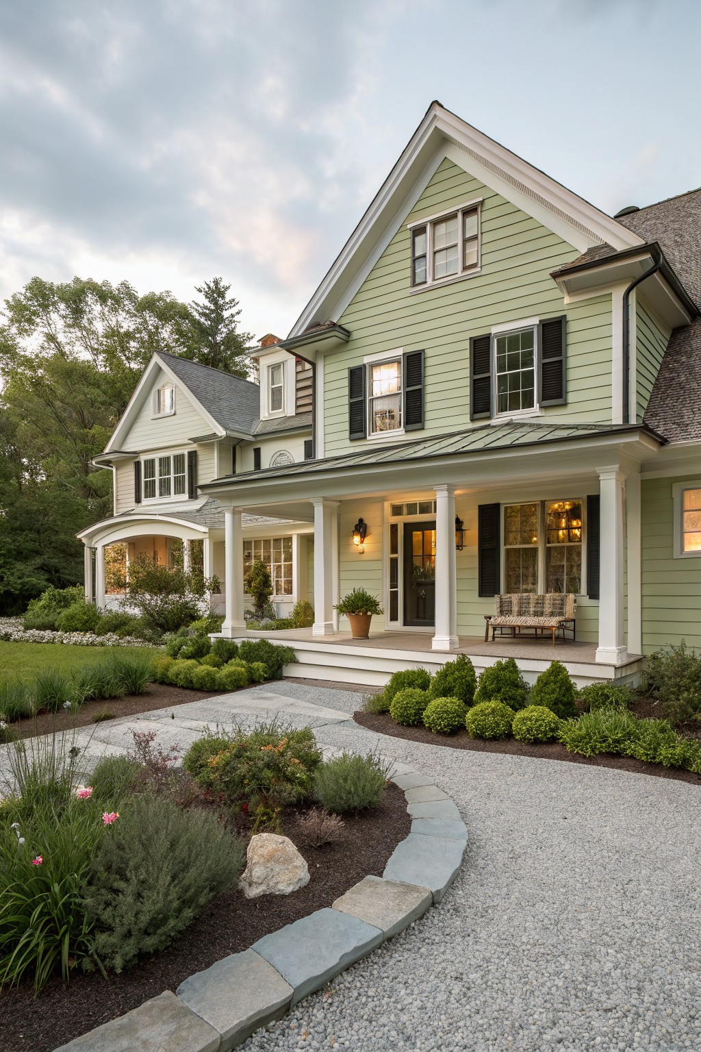Large light green house with white porch, black shutters, and landscaped gravel drive