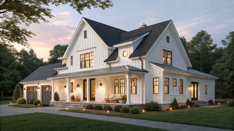 A white traditional farmhouse exterior with a covered front porch supported by white columns, a central double wooden door entry, and stone steps leading up from a paved walkway.