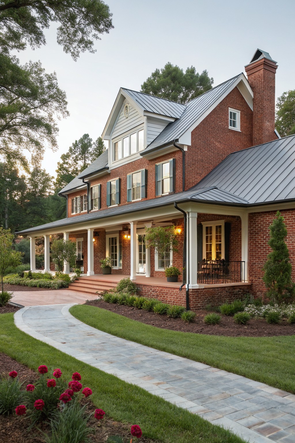 Large brick house with wrap-around porch, metal roof, and garden pathway