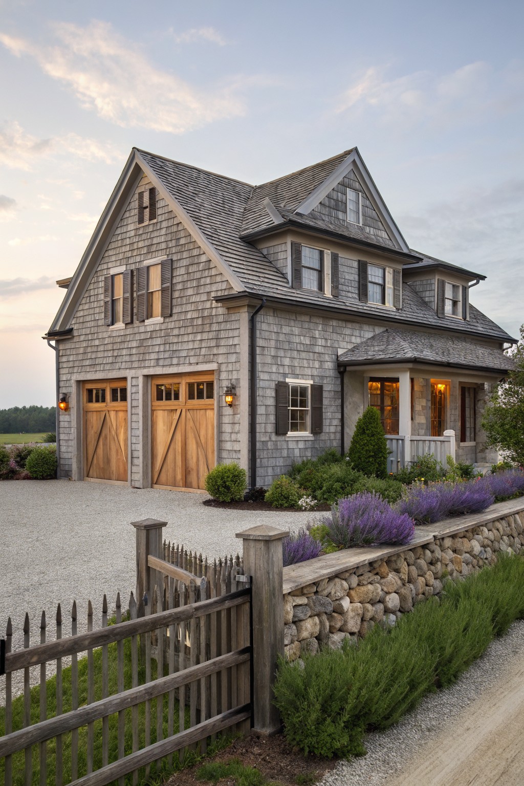 Gray shingled house with wooden garage doors beside stone wall and purple flowers