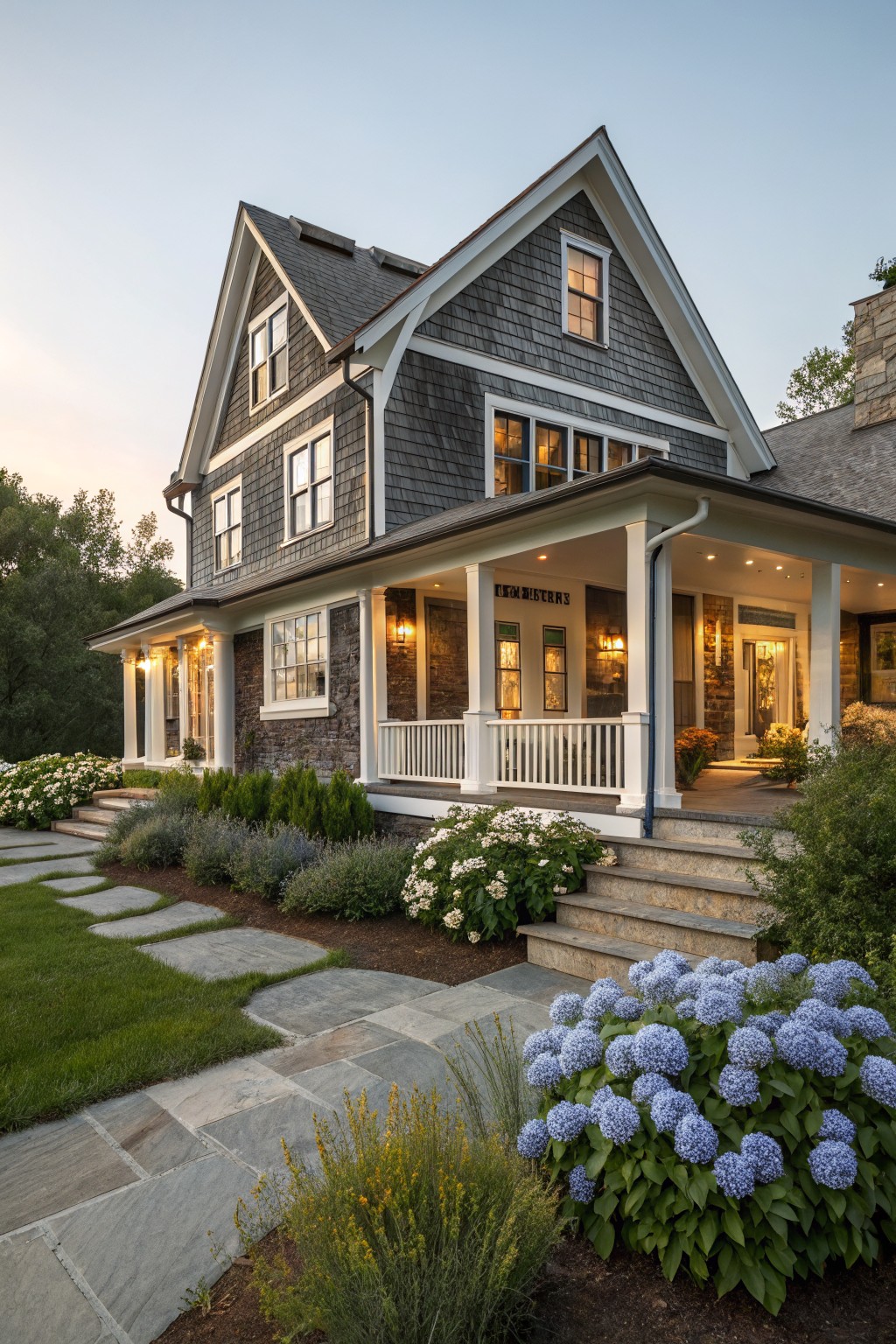 A two-story traditional farmhouse exterior featuring dark gray shingle siding, white trim, stone accents on the lower walls, a covered front porch with columns, and stone steps.
