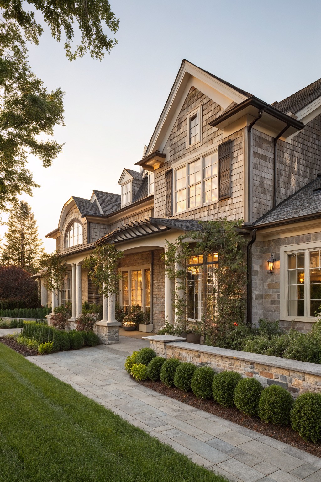 Luxurious two-story home with stone walls, columns, and manicured garden at dusk