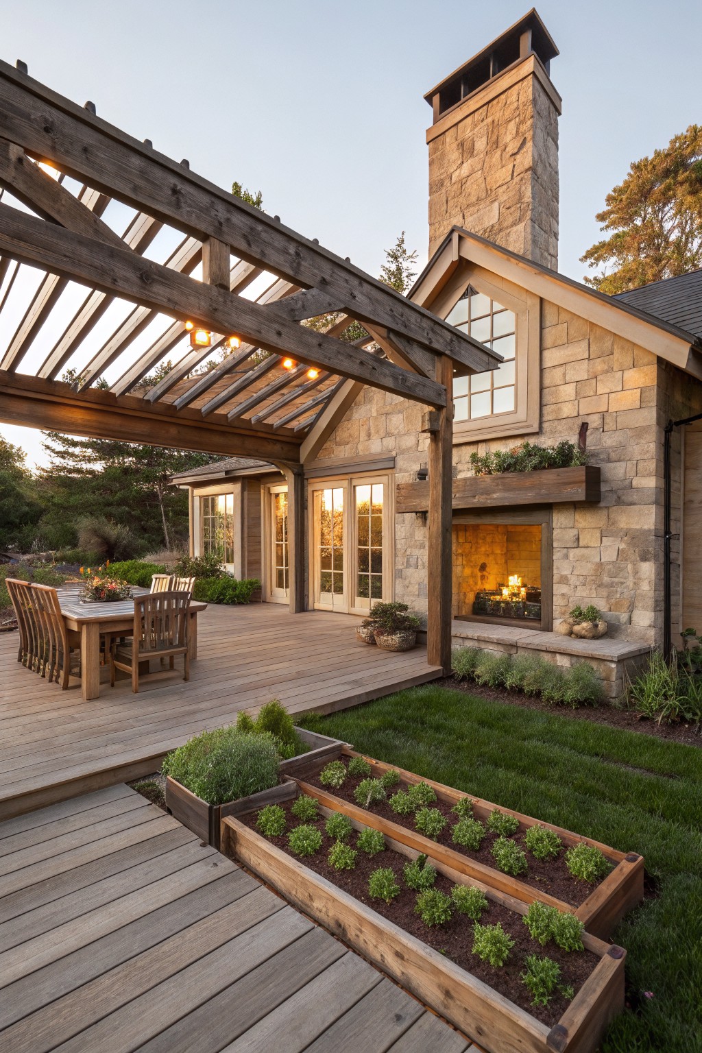 A wooden pergola covers a deck with a dining table next to a stone house that has an outdoor fireplace and raised garden beds nearby.