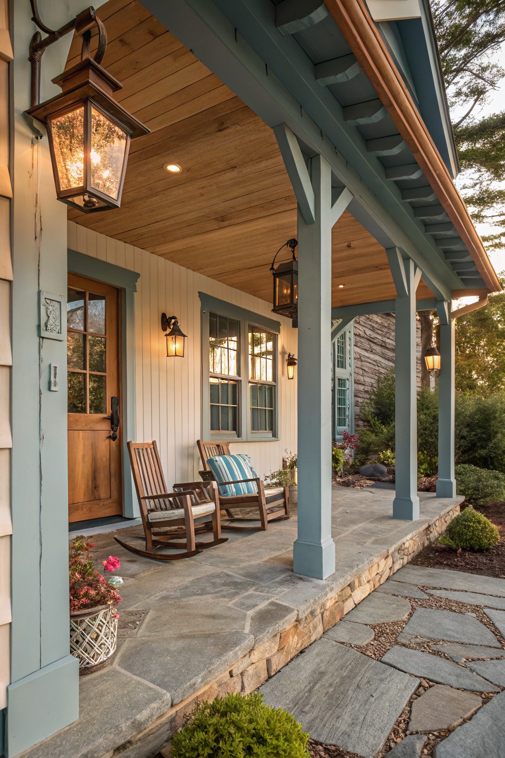 A covered farmhouse porch with two wooden rocking chairs, blue trim, stone flooring, and a lantern on the wall beside the front door.