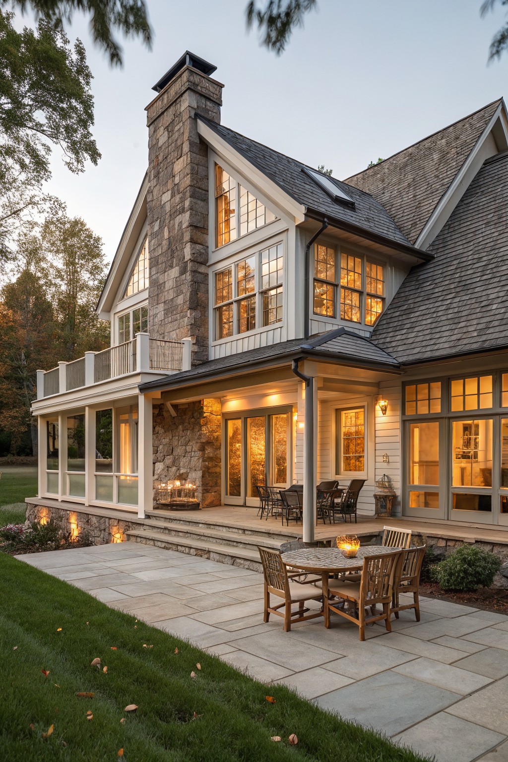 A large stone chimney rises along the side of a traditional farmhouse with white siding, multiple windows, and a covered patio with outdoor seating.