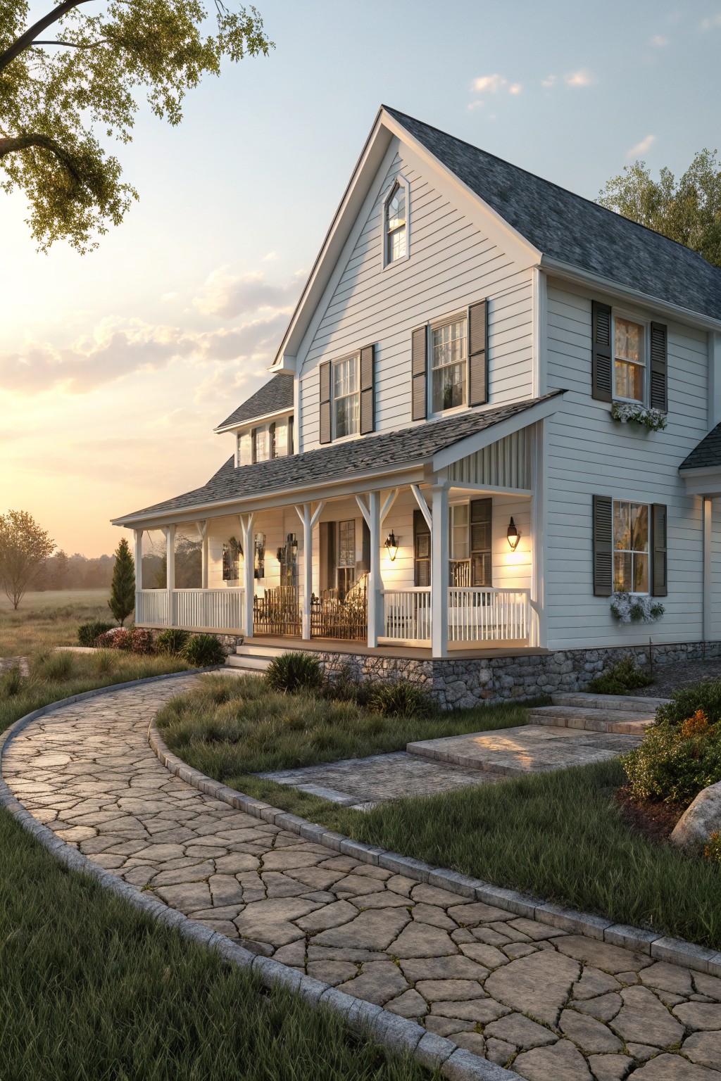 A white two-story farmhouse with dark shutters, a stone foundation, and a front porch, shown from a curved stone pathway at sunset.